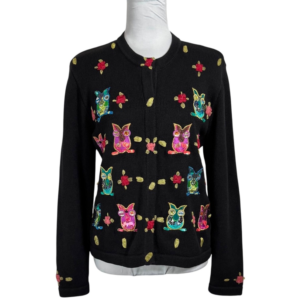 VTG Y2K Owl Beaded Embroidered Cardigan Novelty Sweater Size‎ M Black Whimsical